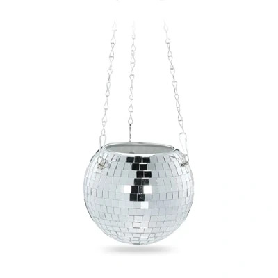 Image of Relaxdays Disco Ball Plant Pot, Hanging Flowerpot, with Stand, Glass, H x Ø: 13 15 cm, Suspension Planter, Silver