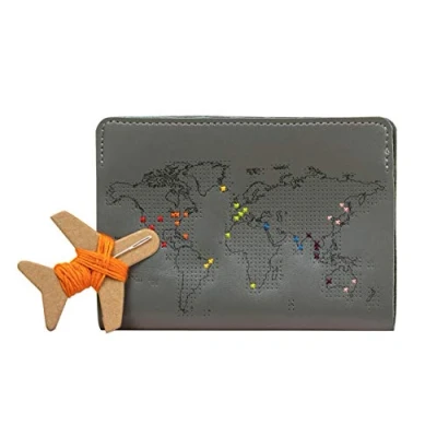 Image of Chasing Threads Stitch Where You&#039;ve Been Map Passport Cover Grey Leather