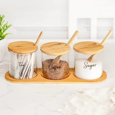 Image of Marco Paul Hot Chocolate Station Set Glass Jars Storage Cocoa Kitchen Spoon Stirrers Drink Maker Tea &amp; Coffee (Wood Set)