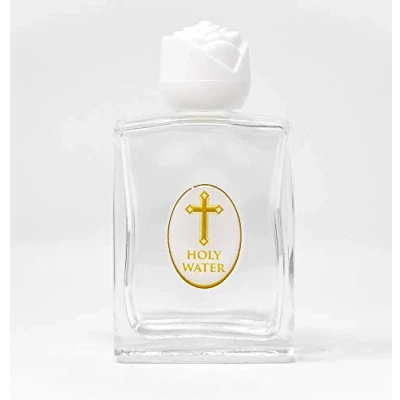 Image of Catholic Gift Shop Lourdes Gifts Glass Holy Water Bottle (white rose top) Containing + Prayer Card