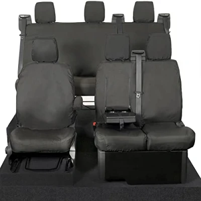 Image of UK Custom Covers To Fit Ford Transit (2013 2023) Tailored Heavy Duty Waterproof Front &amp; Rear Seat (6 Seater WITH Pull Down Tray) Black SC102B 131B