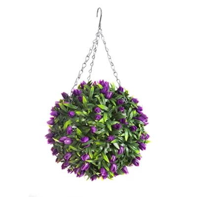 Image of Best Artificial TULIP Flower Ball Lush Long Leaf Topiary Grass (28cm, Purple)