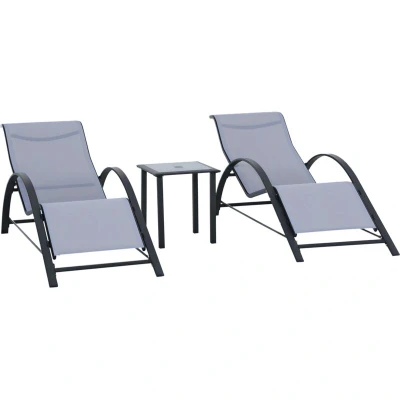 Image of Outsunny 3 Pieces Lounge Chair Set Metal Frame Garden Outdoor Recliner Sunbathing with Table, Light Grey