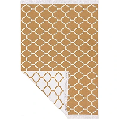 Image of Jimri Fashion4Home Short Pile Boho Kilim Rug, Living Room Bedroom and Kitchen Runner Hallway Children&#039;s Morocco Gold White, Greetings: 140 x 200 cm