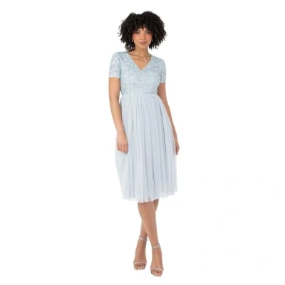 Image of Maya Deluxe Women&#039;s Embellished Midi Evening Dress Ladies V Neckline with Short Sleeve for Prom Wedding Bridesmaid, Light Blue, 6