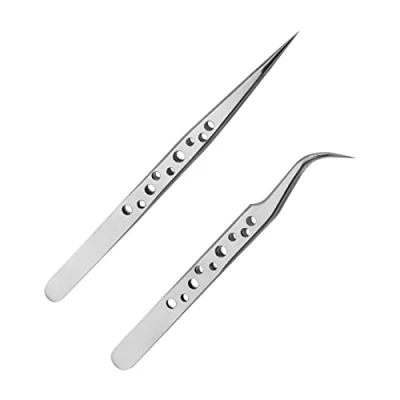 Image of 2 Pieces Pointed Tweezers Stainless Steel Lash Straight and Curve Tip Precision for Eyelash Eyebrow Facial or Chin Hair