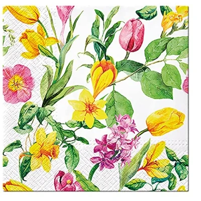 Image of PAW 3Ply Flowery Tissue Paper Napkins Serviettes for Decoupage 33cm x Pack of 20 (Early Spring), Yellow, 1/4 folded