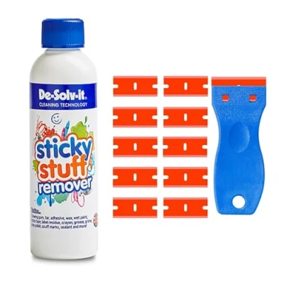 Image of Sticky Stuff Remover 250ml and Scraper Tool Bundle with 10 Plastic blades work as an Adhesive Remover, Glue Sticker Solvent