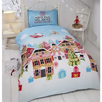 Image of Rapport Gingerbread Town Single Duvet Cover Children&#039;s Christmas Bedding Set, 2 pieces, Festive, Blue