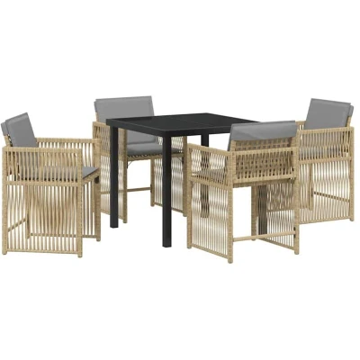 Image of vidaXL 5 Piece Garden Dining Set with Cushions Beige Poly Rattan