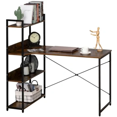 Image of HOMCOM Retro Industrial Computer Desk Home Office Table with 4 Tier Storage Shelf Metal Frame Workstation for Office, Brown
