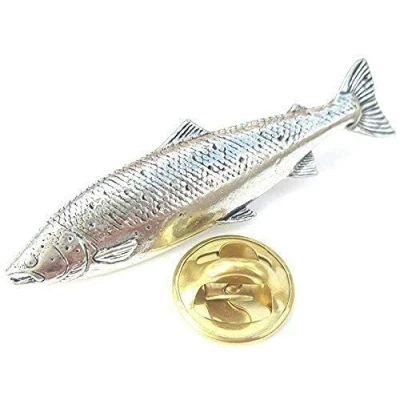 Image of Emblems gifts Atlantic Salmon Fish Handcrafted from English Pewter in the UK Lapel Pin Badge + 59mm Button Gift Bag