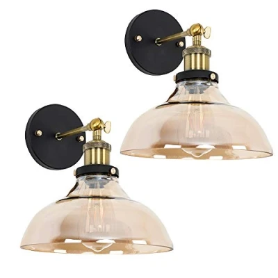 Image of MiniSun Pair of Steampunk Style Black/Gold Wall Light Fittings with an Amber Tinted Glass Wide Shade