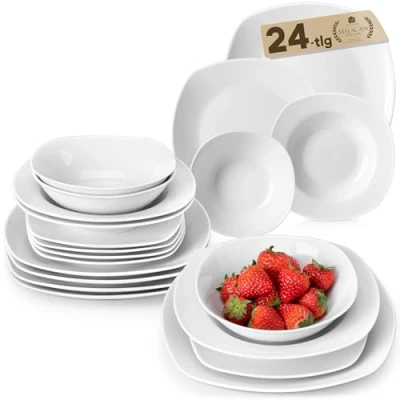 Image of MALACASA, Series Elisa, 24 Piece Dinner Sets Ivory White Porcelain Dinnerware Set with 6 Cereal Bowls, Plates, Dessert Plates and Deep Soup Service for