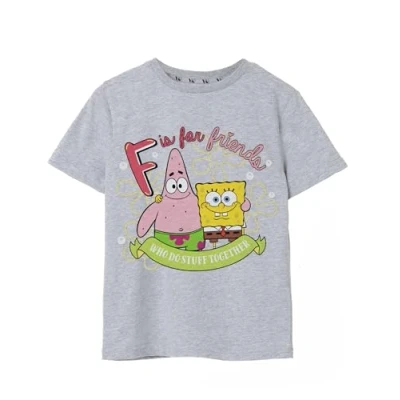 Image of SPONGEBOB SQUAREPANTS Girls T Shirt Grey F is for Friends Graphic Tee Kids Iconic Cartoon Lightweight Short Sleeve Top Sponge Bob Merchandise Gift Children &amp; Teens
