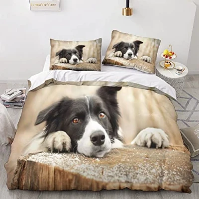 Image of GEEYOU Border Collie Colorful Duvet Cover Set Hidden Zipper Pet Dog Quilt with Pillowcases Bedding Soft Microfiber Comforter Various Sizes for Kids Adults King（220x240cm）