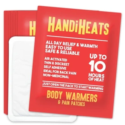 Image of 10 x HandiHeats self Adhesive Warmers Disposable Stick On Heat Pads for Back, Muscle, Period Pain, Hiking Skiing Snowboarding Pain Patches Body Air Activated Hours of