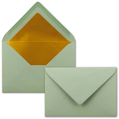 Image of envelopes in eucalyptus green 50 pieces letter DIN C6 114 x 162 mm 11.4 16.2 cm wet glue matt surface &amp; gold metallic lining without window for invitations