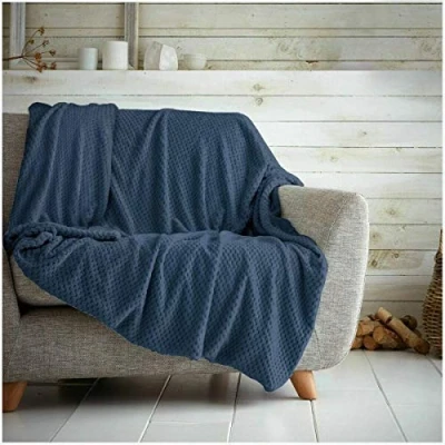 Image of Waffle Honeycomb Throw Blanket Soft Warm Over Sofa Bed Travel Bedspread (Navy Blue, Single 125 x 150cm)