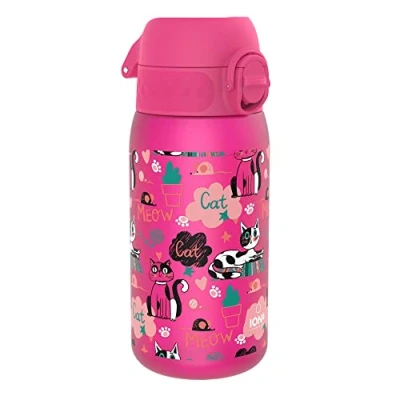 Image of Ion8 Kids Water Bottle, 350ml, Leak Proof, One Finger Open, Dishwasher Safe, BPA Free, Flip Cover, Carry Handle, Spill free On The Go, Easy Clean Carbon Neutral Recyclon, Pink, Cats Design