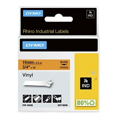 Image of DYMO Rhino Industrial Vinyl Labels 19 mm x 5.5 m Black Print on Orange Self Adhesive for &amp; LabelManager Label Makers