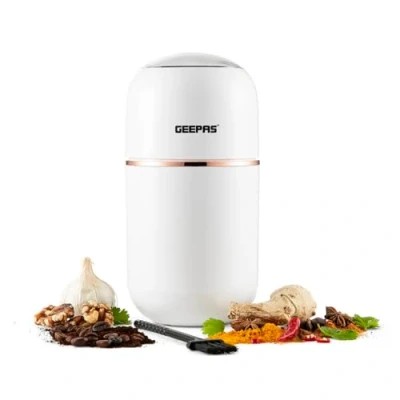 Image of Geepas Coffee Grinder 80 g Capacity Stainless Steel Bowl &amp; Double Blades Electric Dried Spice Nuts Herbs Beans Small Fixed Mill with Transparent Lid 2 Year Warranty, 200W, White