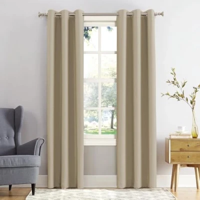 Image of REHAN &amp; CO Blackout Thermal Insulated Curtains Drapes Black out Ring Top Eyelet window curtain 2 panels with Tie Backs for Bedroom, Living Room (Beige, W46 x L72)