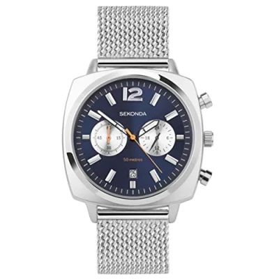 Image of Sekonda Airborne Mens 40mm Chronograph Watch in Blue with Analogue Date Display, and Silver Stainless Steel Strap 30100