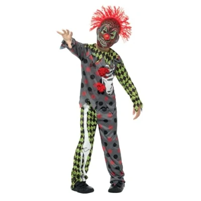 Image of Smiffys Deluxe Twisted Clown Costume, Multi Coloured with Top, Trousers &amp; EVA Mask Hair, Halloween Child Fancy Dress, Dress Up Costumes
