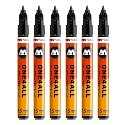 Image of Molotow One4All 127HS CO Acrylic Marker (1.5 mm Line Width, High Coverage and Permanent, UV Resistant, for Almost All Surfaces) Pack of 6, Colour 180 Signal Black