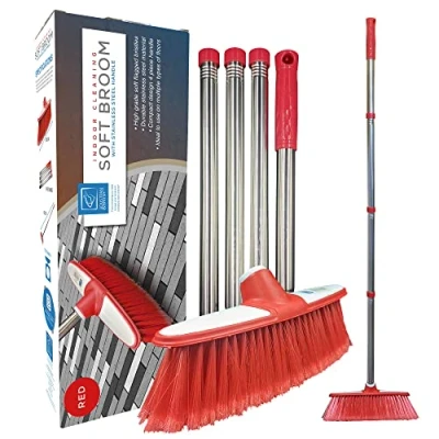 Image of Soft Sweeping Brush Broom Indoor with Multi Section Stainless Steel Long Handled − House Bristle for Cleaning Home and Kitchen Floors (Red)
