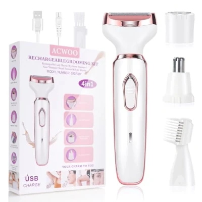 Image of ACWOO Cordless 4 in 1 Electric Lady Shaver for Women, Rechargeable Painless Razor Bikini Trimmer Wet and Dry Hair Removal Face Legs Underarm Nose Eyebrow