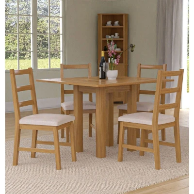 Image of Hallowood Furniture Waverly Oak Dining Tables and Chairs Set of 4, Light Small Folding Table Ladder Back Chair in Beige Fabric Seat, Extendable for Home Cafe