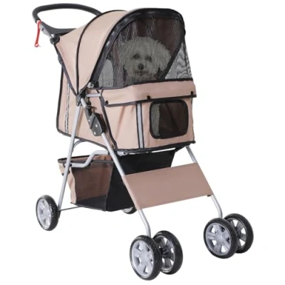 Image of PawHut Pet Stroller for Small Miniature Dogs Cats Foldable Travel Carriage with Wheels Zipper Entry Cup Holder Storage Basket Brown
