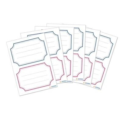 Image of HERMA 5781 Book Labels for Writing on Neutral Blue Red Border, 12 Pieces, 78 x 53 mm, Self Adhesive Lined Stickers School Kids Girls Boys Blank Stickers, White