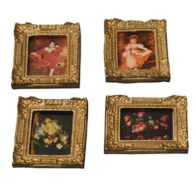 Image of Dolls House 4 Pictures Paintings in Antique Gilt Gold Frames Miniature Accessory