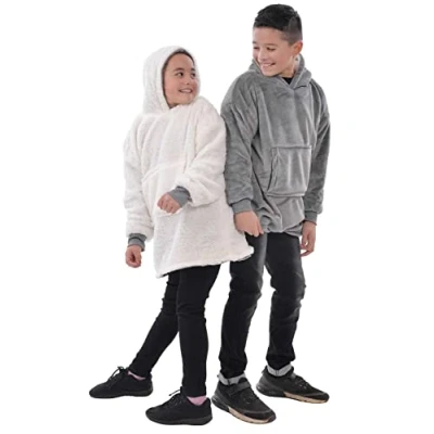 Image of Kids Reversible Eskimo Sherpa Hoodie Warm &amp; Cozy Soft and Comfy One Size Grey/White Unisex Ideal for travelling, out about use or just to wear around the house Thoughtful winter gift
