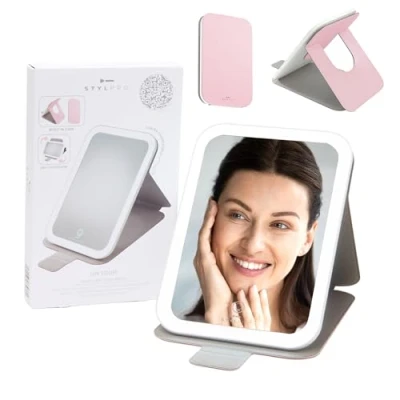 Image of STYLPRO On Tour Petite Travel Mirror, Portable LED Lighted Makeup 360 Rotation Touch Screen Vanity 3 Color Dimmable Lighting, Rechargeable Tabletop Folding Cosmetic Pink