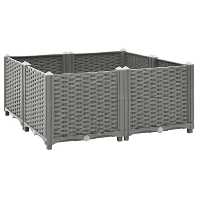 Image of vidaXL Raised Bed in Durable Polypropylene Ample Space Garden Planter Stylish Rattan Pattern Light Grey Easy Assembly 80x80x38 cm