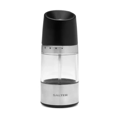 Image of Salter BW12946EU7 Seasoning Grinder Adjustable Grind from Fine to Coarse, Ceramic Mechanism, Clear Acrylic Body, Upside Down Design, No Spill, Salt &amp; Pepper Mills, Stainless Steel, Black