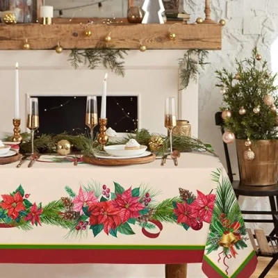 Image of Rectangle Christmas Tablecloth,Poinsettia Holly Pine Cone Table cloth,Polyester Waterproof Wrinkle Resistant Durable Tablecloth For Holidays,Kitchen,Winter And Home Decor,Tablecloth 60x84In
