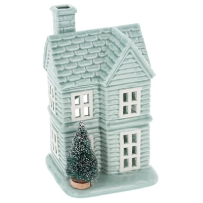 Image of Shudehill Giftware Festive Sage Blue Green Tealight Holder House With Star Roof and Christmas Tree Decoration Medium or Large Sizes (Large)