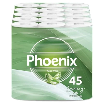 Image of 45 Phoenix Soft Aloe Vera Fragranced Luxury Toilet Rolls Bulk Buy Quilted White 3 Ply Paper Pack of Tissue (9 x 5 Packs) 150 Sheets per roll (6,750 Sheets)