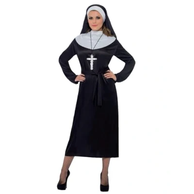 Image of Smiffys Nun Costume, Black with Dress, Belt &amp; Headdress, Saints and Sinners Fancy Dress Up Costumes