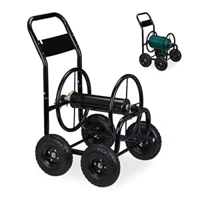 Image of Relaxdays Hose Trolley, Up to 75 Meters, 4 Wheels, H x W D: 95.5 61 72 cm, Steel, Black