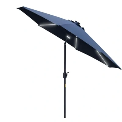 Image of Outsunny 2.7m Garden Parasol Sun Umbrella Patio Summer Shelter w/LED Solar Light, Angled Canopy, Vent, Crank Tilt, Blue