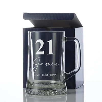 Image of ukgiftstoreonline Personalised 21st Birthday Beer Glass Tankard Gift Boxed with Sentiment