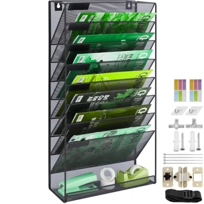 Image of IOUGDSEC 9 Tier A4 Mesh in Tray Hanging Wall File Holder Magazine Document Mail Organiser Storage Rack,Durable Metal Filing Letter Trays Desktop Organizer