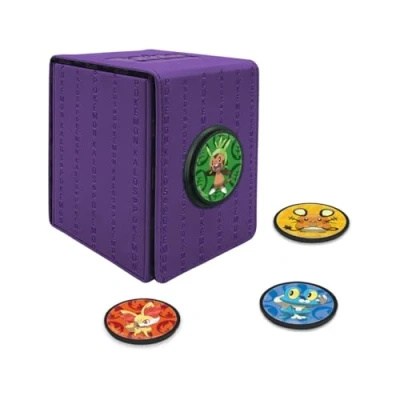 Image of Ultra Pro Pokemon Alcove Click Kalos: Store 100 Double Sleeved Cards with 4 Themed Badges of Fennekin, Froakie, Chespin, and Dedenne. Customize 1.5 in. Diameter for a Unique Touch