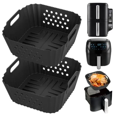 Image of 2PCS Air Fryer Silicone Liners for Ninja Double Stack 7.6l SL300UK, Dual Reusable Accessories, Black